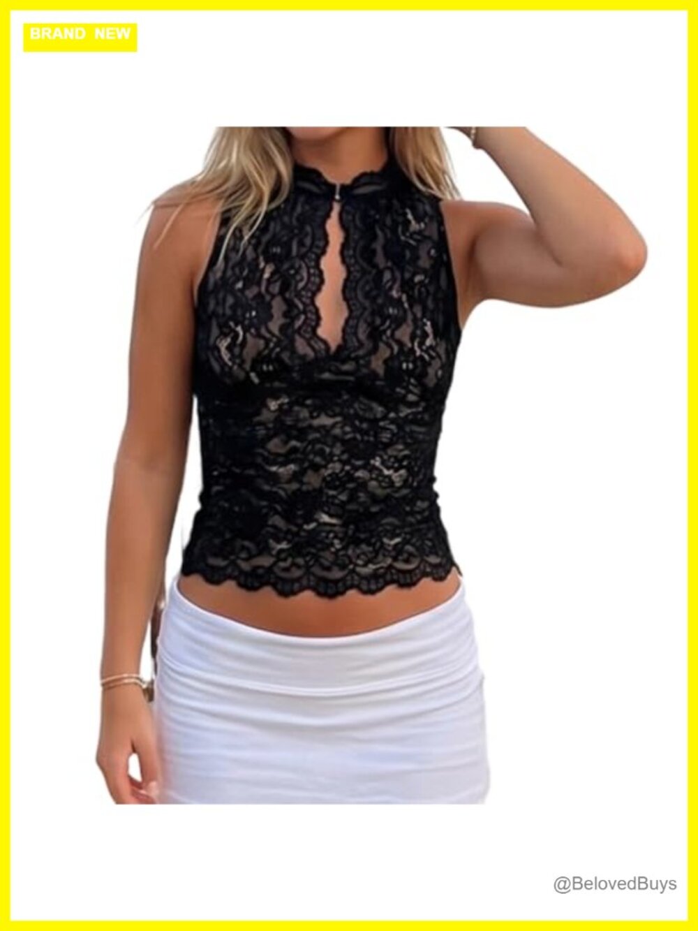Floral Lace Tank Top Sheer Mesh Sleeveless High Neck Cami